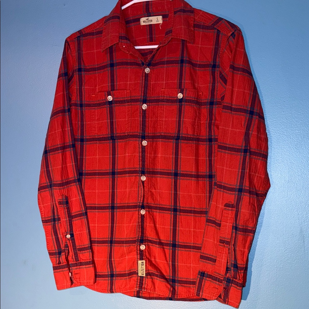 Hollister orange\red and Blue Plaid Men's Shirt
